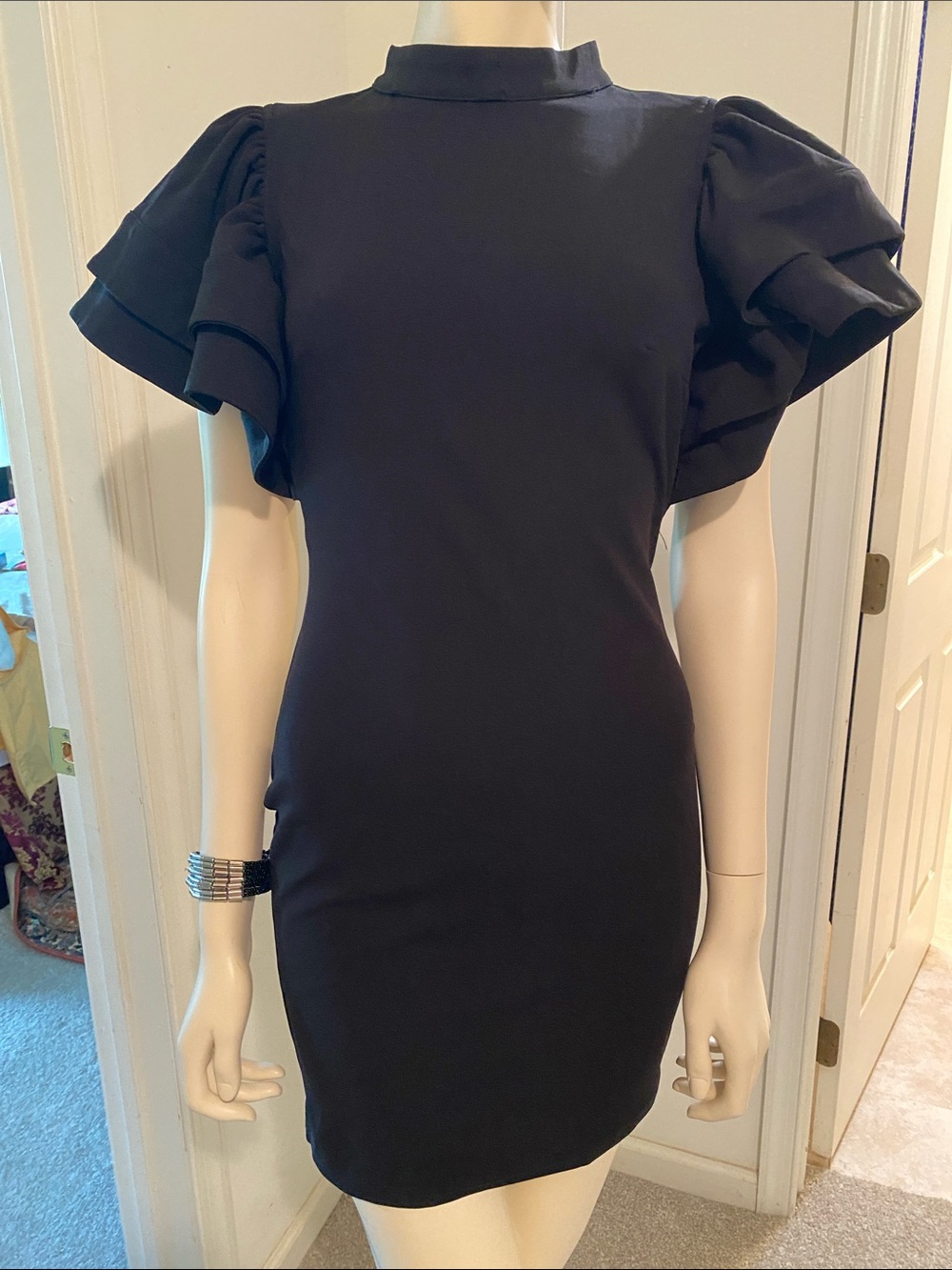 Xtaren Black Ruffle Sleeve Mini Dress
